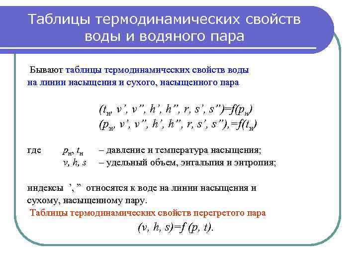 Насыщенный пар и его свойства. Термодинамическая таблица. Таблица термодинамических свойств. Уравнение состояния водяного пара. Таблица термодинамических свойств co.