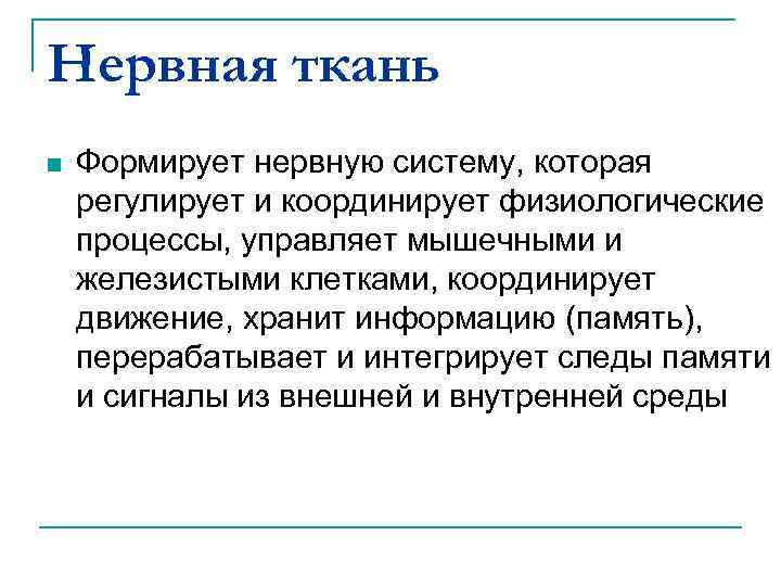 Нервная ткань n Формирует нервную систему, которая регулирует и координирует физиологические процессы, управляет мышечными