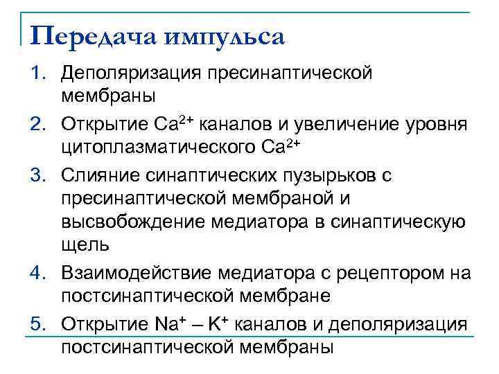 Передача импульса 1. Деполяризация пресинаптической мембраны 2. Открытие Са 2+ каналов и увеличение уровня