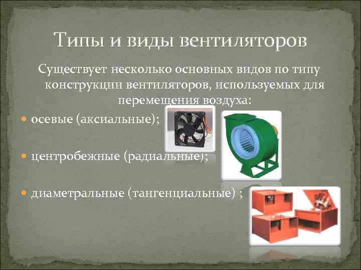 Типы и виды вентиляторов Существует несколько основных видов по типу конструкции вентиляторов, используемых для