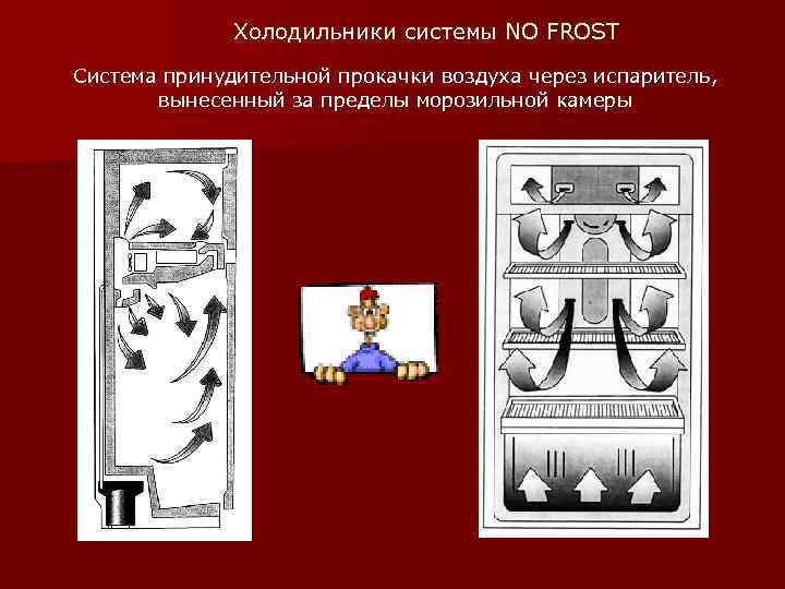 Холодильники системы NO FROST Система принудительной прокачки воздуха через испаритель, вынесенный за пределы морозильной