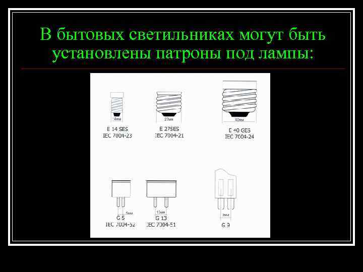 В бытовых светильниках могут быть установлены патроны под лампы: 