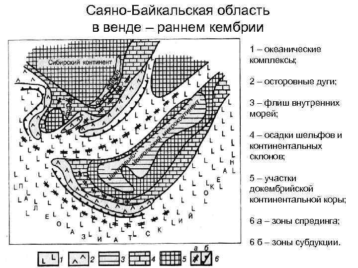 Саяно-Байкальская область в венде – раннем кембрии 1 – океанические комплексы; 2 – осторовные