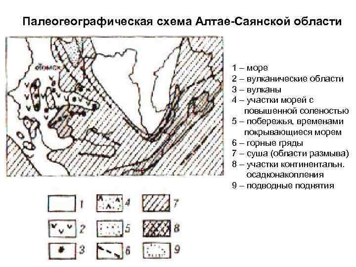 Палеогеографическая схема Алтае-Саянской области 1 – море 2 – вулканические области 3 – вулканы