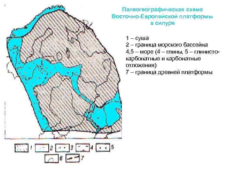 Палеогеографическая схема Восточно-Европейской платформы в силуре 1 – суша 2 – граница морского бассейна