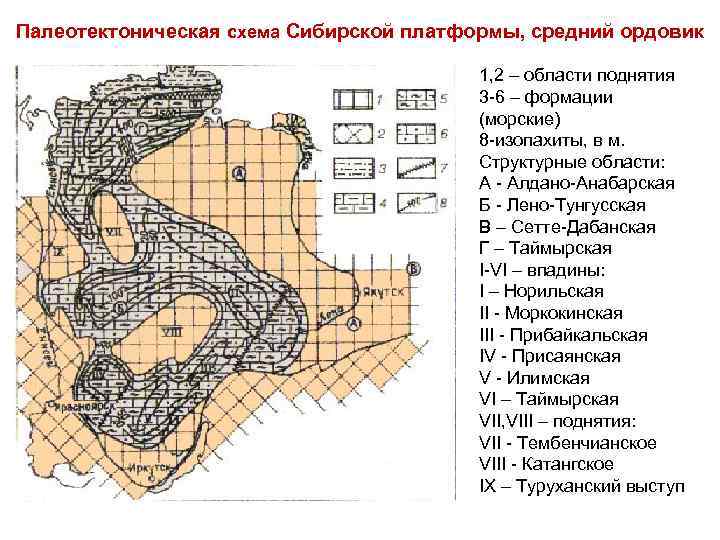 Палеотектоническая схема Сибирской платформы, средний ордовик 1, 2 – области поднятия 3 -6 –