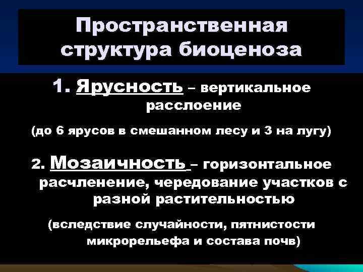 Пространственная структура биоценоза 1. Ярусность – вертикальное расслоение (до 6 ярусов в смешанном лесу