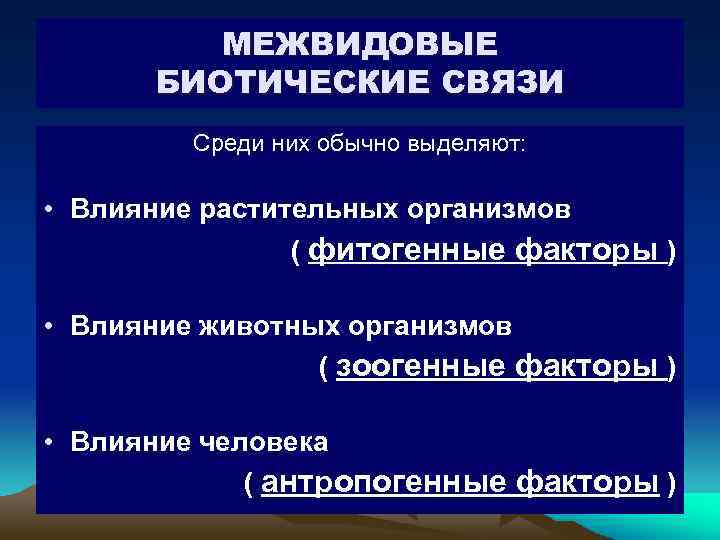 МЕЖВИДОВЫЕ БИОТИЧЕСКИЕ СВЯЗИ Среди них обычно выделяют: • Влияние растительных организмов ( фитогенные факторы