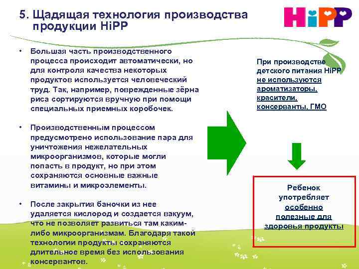 5. Щадящая технология производства продукции Hi. PP • • • Большая часть производственного процесса
