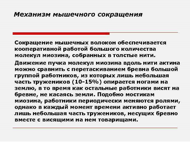 Механизм мышечного сокращения Сокращение мышечных волокон обеспечивается кооперативной работой большого количества молекул миозина, собранных