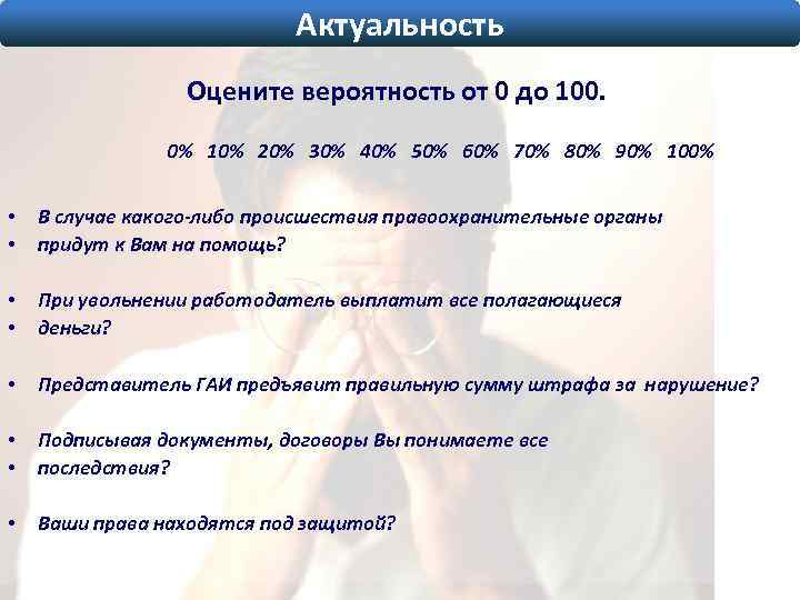 Актуальность Оцените вероятность от 0 до 100. 0% 10% 20% 30% 40% 50% 60%