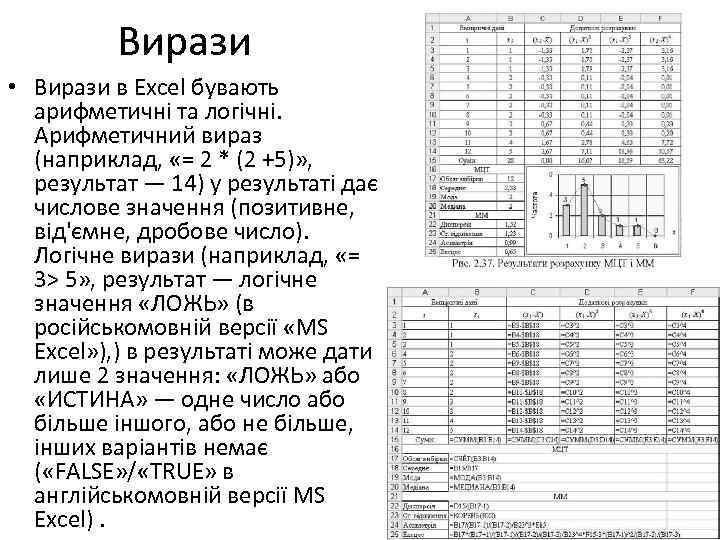 Вирази • Вирази в Excel бувають арифметичні та логічні. Арифметичний вираз (наприклад, «= 2