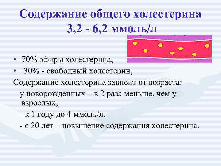 Содержание общего холестерина 3, 2 - 6, 2 ммоль/л • 70% эфиры холестерина, •