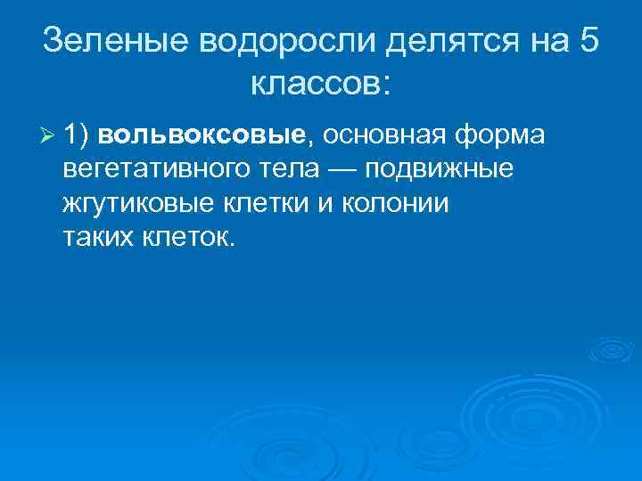 Зеленые водоросли делятся на 5 классов: Ø 1) вольвоксовые, основная форма вегетативного тела —