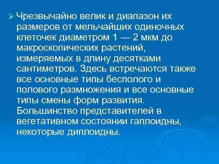 Ø Чрезвычайно велик и диапазон их размеров от мельчайших одиночных клеточек диаметром 1 —