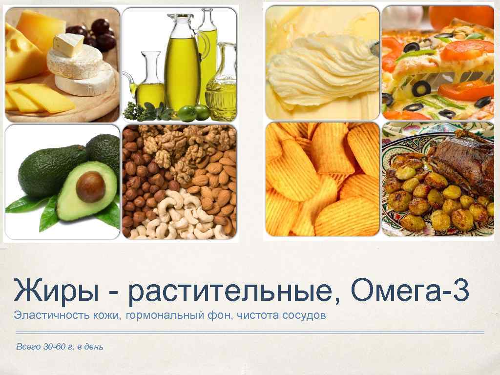 Жиры - растительные, Омега-3 Эластичность кожи, гормональный фон, чистота сосудов Всего 30 -60 г.