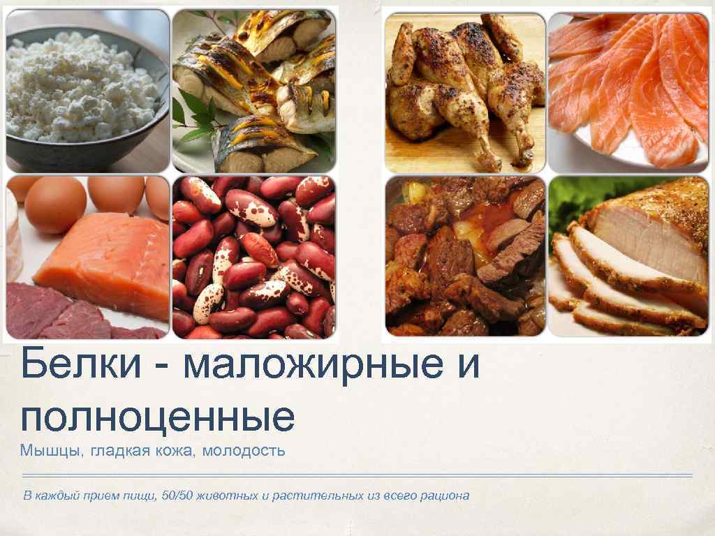 Белки - маложирные и полноценные Мышцы, гладкая кожа, молодость В каждый прием пищи, 50/50