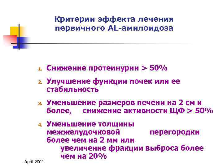 Критерии эффекта лечения первичного AL-амилоидоза 1. 2. 3. 4. April 2001 Снижение протеинурии >