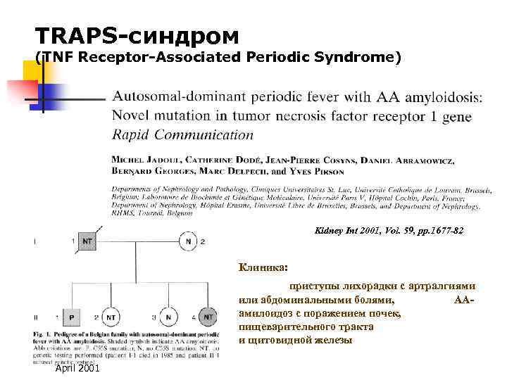 TRAPS-синдром (TNF Receptor-Associated Periodic Syndrome) Kidney Int 2001, Vol. 59, pp. 1677 -82 Клиника: