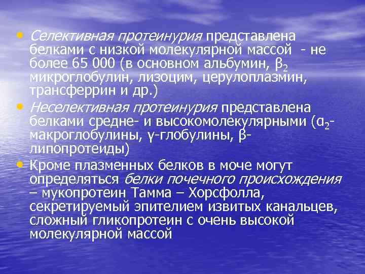  • Селективная протеинурия представлена • • белками с низкой молекулярной массой - не