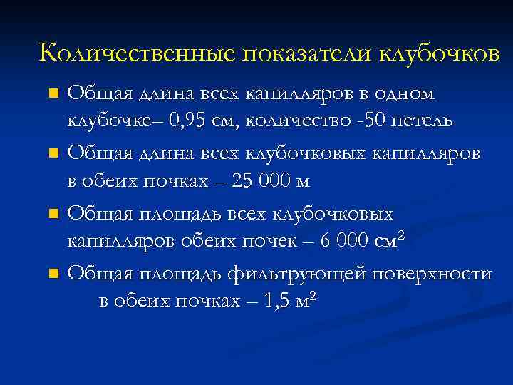 Количественные показатели клубочков Общая длина всех капилляров в одном клубочке– 0, 95 см, количество