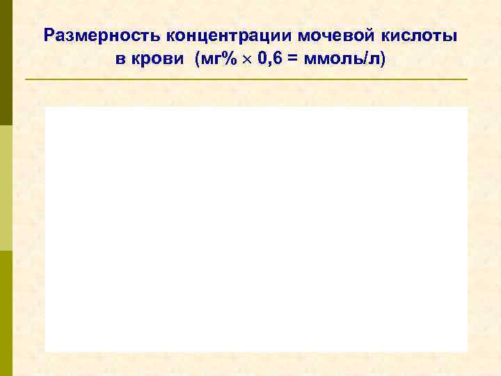 Размерность концентрации мочевой кислоты в крови (мг% 0, 6 = ммоль/л) 