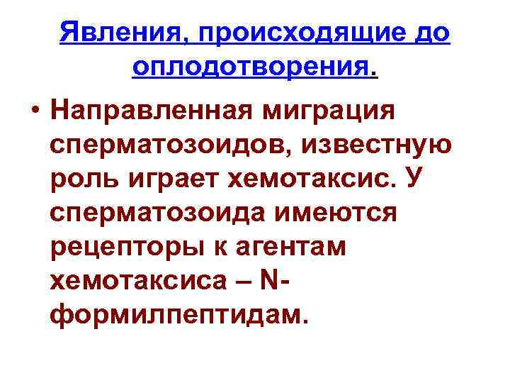 Явления, происходящие до оплодотворения. • Направленная миграция сперматозоидов, известную роль играет хемотаксис. У сперматозоида