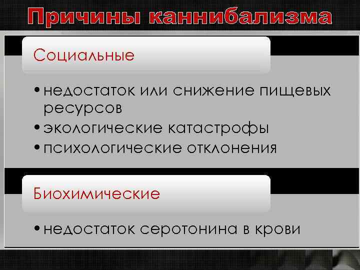 Причины каннибализма Социальные • недостаток или снижение пищевых ресурсов • экологические катастрофы • психологические