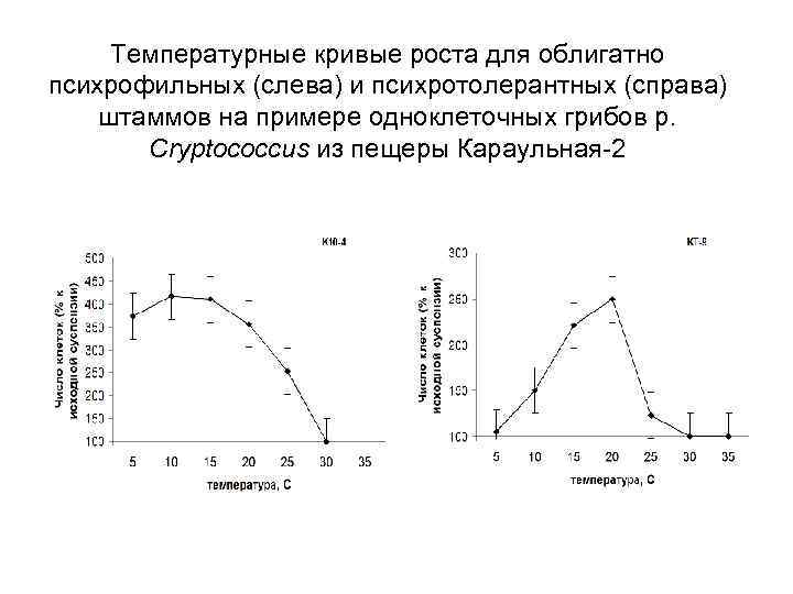 Температурные кривые роста для облигатно психрофильных (слева) и психротолерантных (справа) штаммов на примере одноклеточных