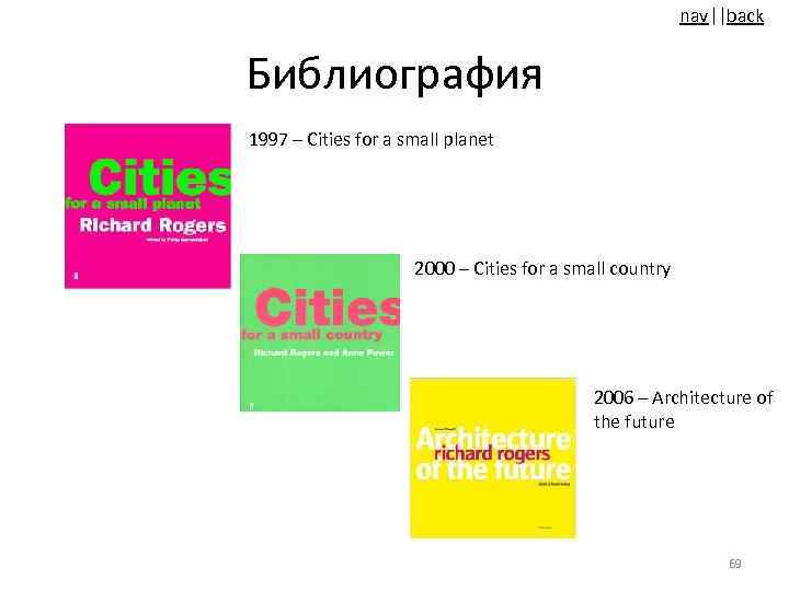 nav||back Библиография 1997 – Cities for a small planet 2000 – Cities for a