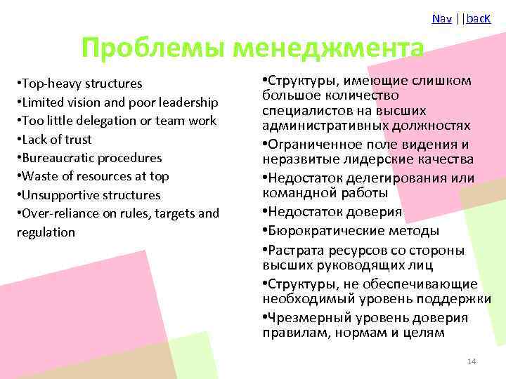 Nav ||bac. K Проблемы менеджмента • Top-heavy structures • Limited vision and poor leadership