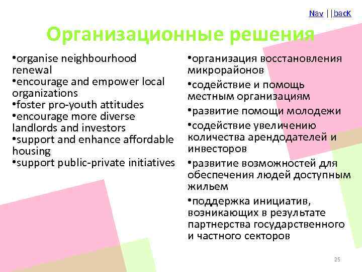 Nav ||bac. K Организационные решения • organise neighbourhood renewal • encourage and empower local