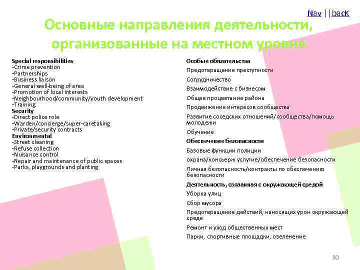 Nav ||bac. K Основные направления деятельности, организованные на местном уровне Special responsibilities -Crime prevention