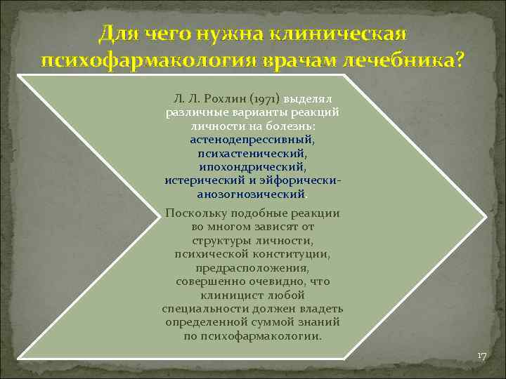 Для чего нужна клиническая психофармакология врачам лечебника? Л. Л. Рохлин (1971) выделял различные варианты