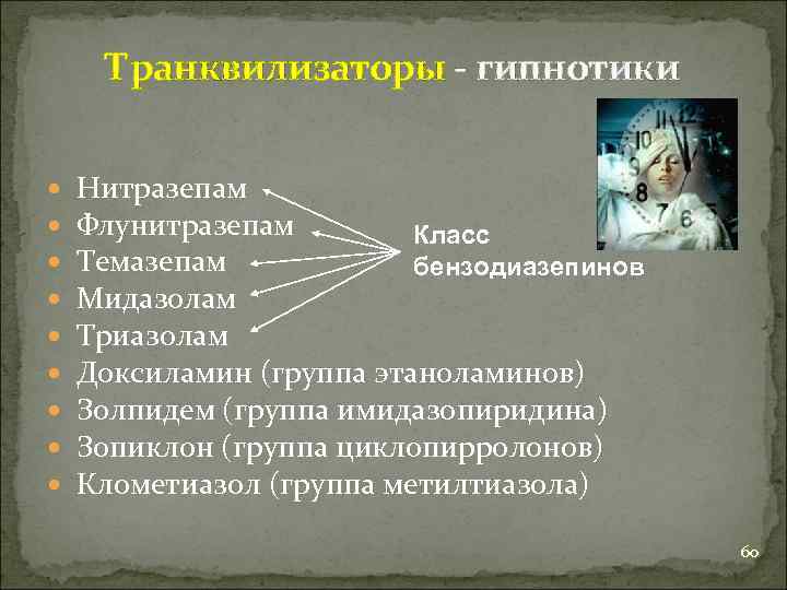 Транквилизаторы - гипнотики Нитразепам Флунитразепам Класс Темазепам бензодиазепинов Мидазолам Триазолам Доксиламин (группа этаноламинов) Золпидем