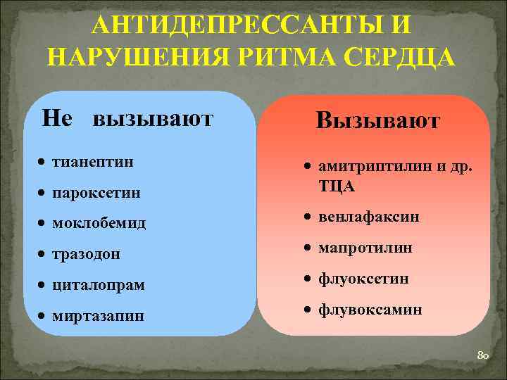АНТИДЕПРЕССАНТЫ И НАРУШЕНИЯ РИТМА СЕРДЦА Не вызывают • тианептин Вызывают • пароксетин • амитриптилин