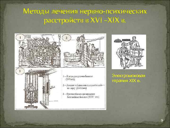 Методы лечения нервно-психических расстройств в XVI –XIX в. Электрошоковая терапия XIX в. 9 