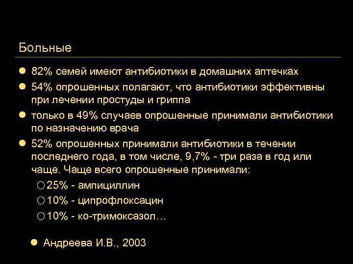 Больные l 82% семей имеют антибиотики в домашних аптечках l 54% опрошенных полагают, что