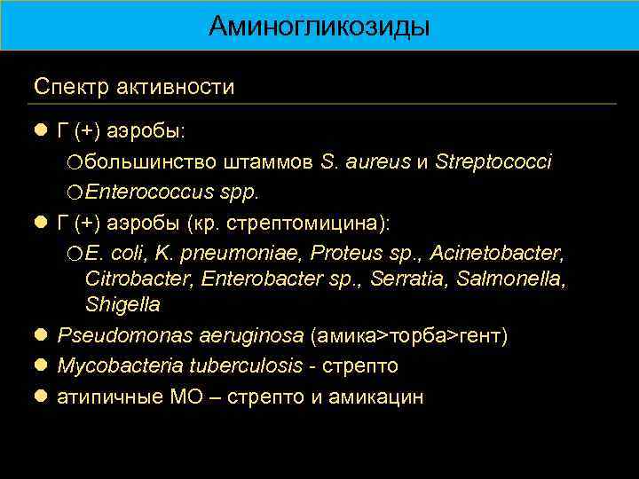 Аминогликозиды Спектр активности l Г (+) аэробы: oбольшинство штаммов S. aureus и Streptococci o.