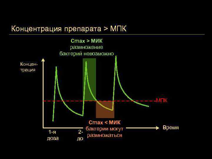 Концентрация препарата > МПК Cmax > МИК размножение бактерий невозможно Концентрация МПК 1 -я