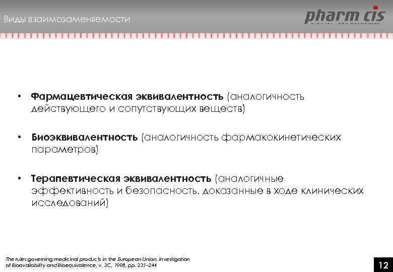 Виды взаимозаменяемости • Фармацевтическая эквивалентность (аналогичность действующего и сопутствующих веществ) • Биоэквивалентность (аналогичность фармакокинетических