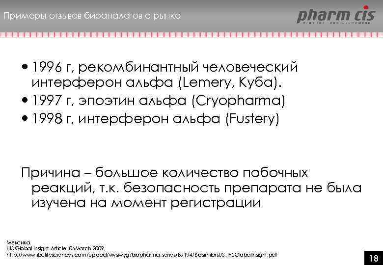 Примеры отзывов биоаналогов с рынка 1996 г, рекомбинантный человеческий интерферон альфа (Lemery, Куба). 1997