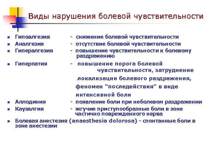 Виды нарушения болевой чувствительности n Гипоалгезия Аналгезия Гипералгезия - снижение болевой чувствительности - отсутствие