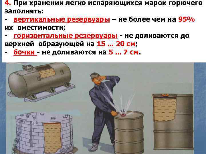 4. При хранении легко испаряющихся марок горючего заполнять: - вертикальные резервуары – не более