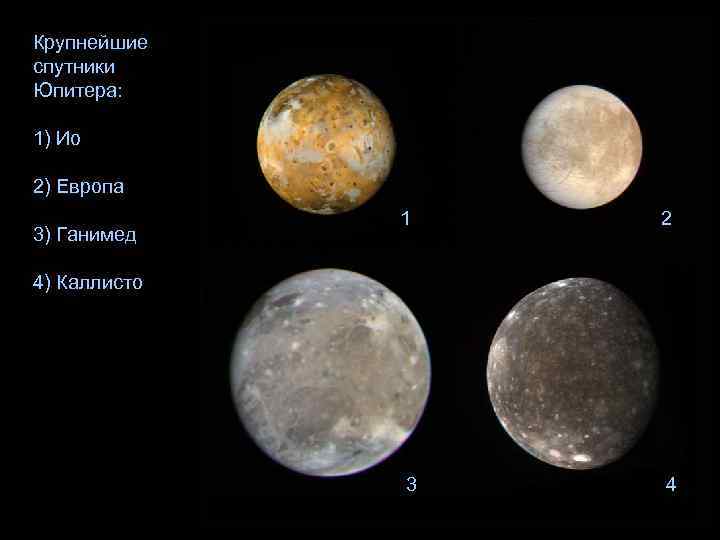 Крупнейшие спутники Юпитера: 1) Ио 2) Европа 3) Ганимед 1 2 3 4 4)