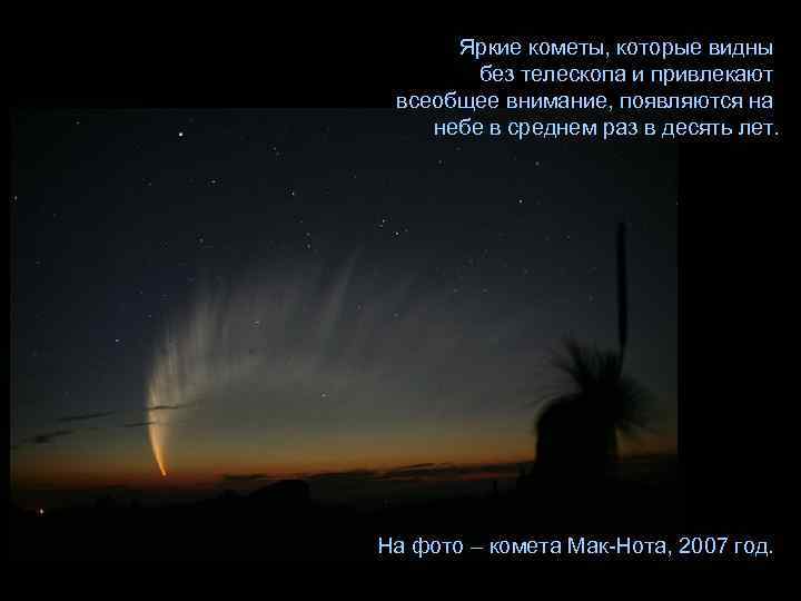 Яркие кометы, которые видны без телескопа и привлекают всеобщее внимание, появляются на небе в