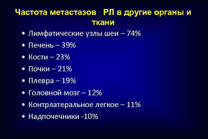 Частота метастазов РЛ в другие органы и ткани • Лимфатические узлы шеи – 74%