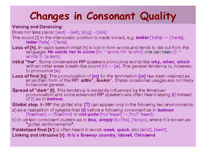 Changes in Consonant Quality Voicing and Devoicing: Does not take place: [sed] – [set],