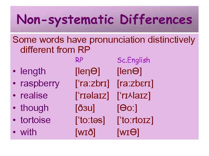 Non-systematic Differences Some words have pronunciation distinctively different from RP RP • • •