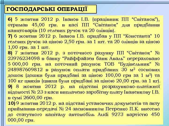 ГОСПОДАРСЬКІ ОПЕРАЦІЇ 6) 5 жовтня 2012 р. Іванов І. В. (працівник ПП “Світанок”), отримав